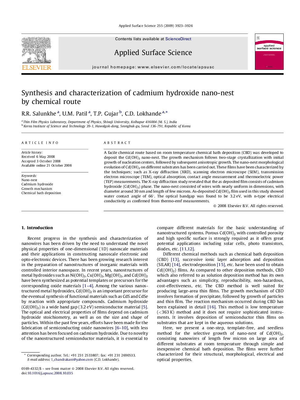 Synthesis and characterization of cadmium hydroxide nano-nest by chemical route