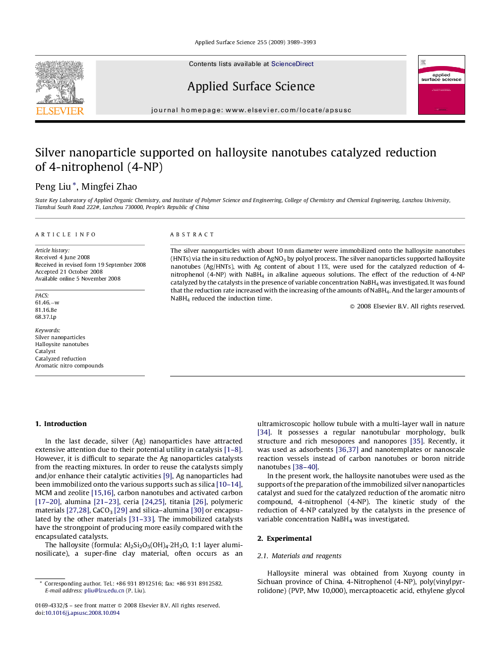 Silver nanoparticle supported on halloysite nanotubes catalyzed reduction of 4-nitrophenol (4-NP)