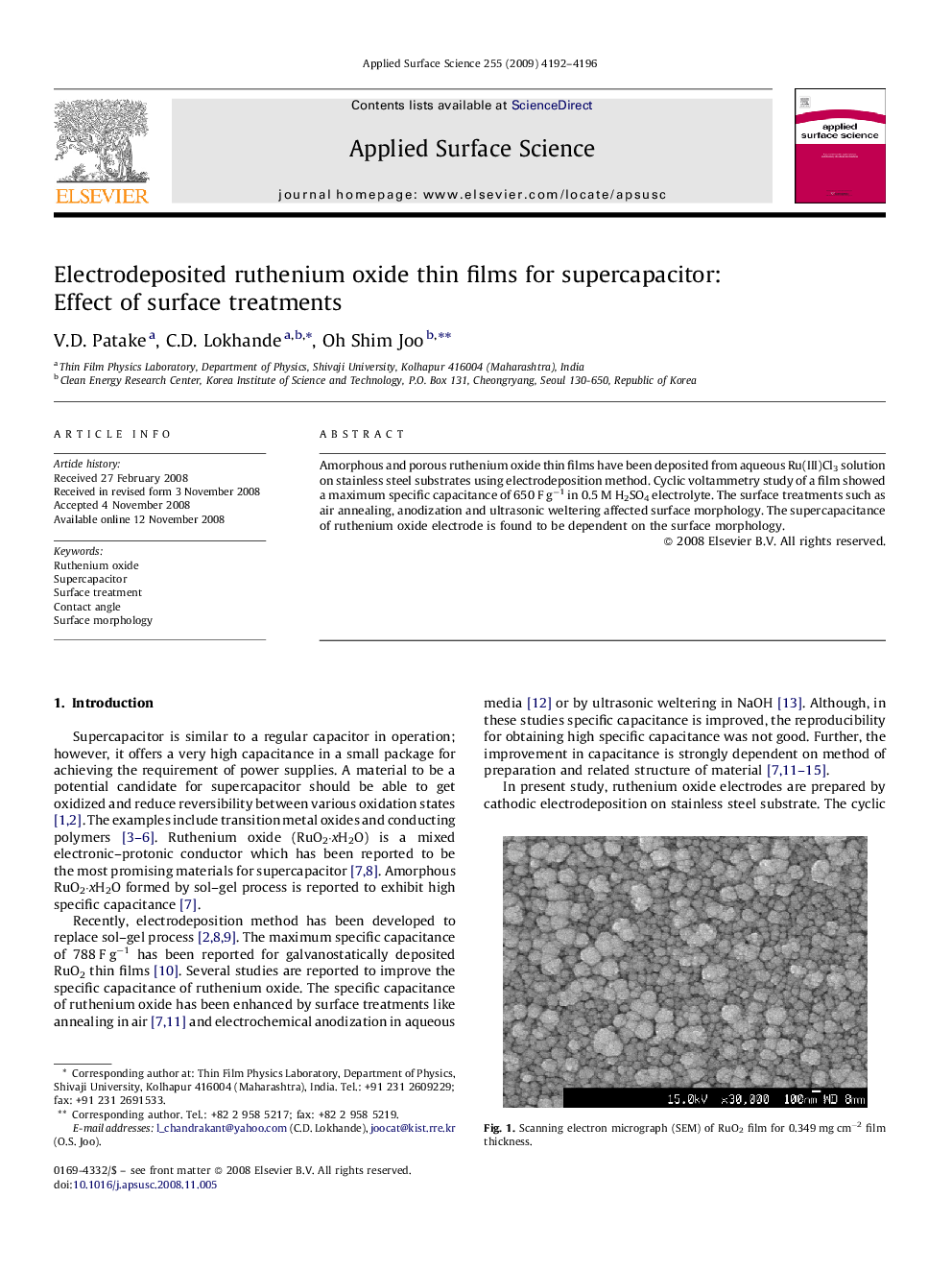 Electrodeposited ruthenium oxide thin films for supercapacitor: Effect of surface treatments