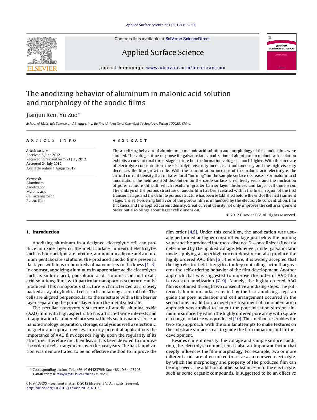 The anodizing behavior of aluminum in malonic acid solution and morphology of the anodic films