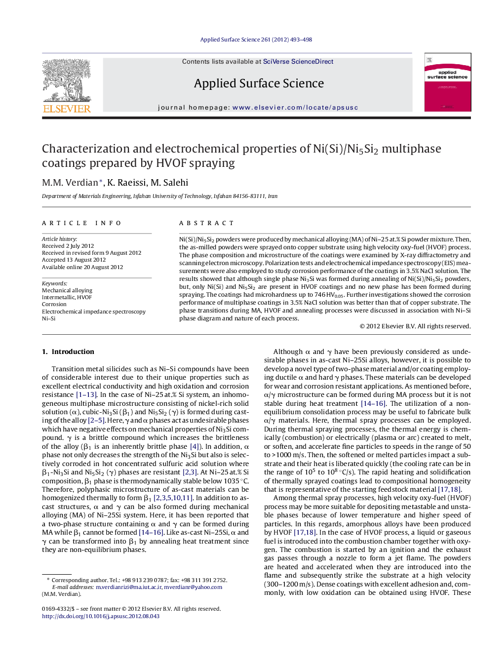 Characterization and electrochemical properties of Ni(Si)/Ni5Si2 multiphase coatings prepared by HVOF spraying