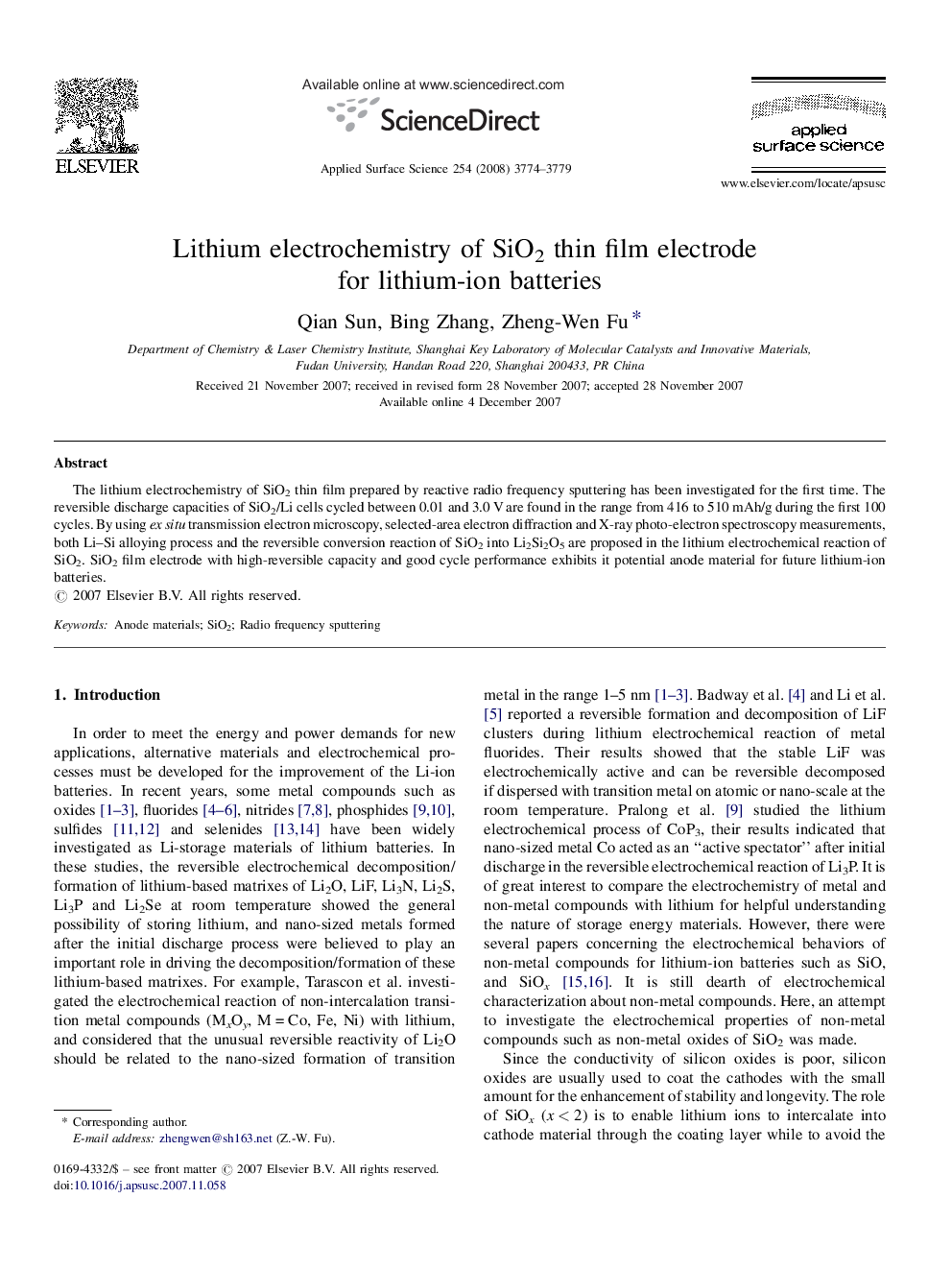 Lithium electrochemistry of SiO2 thin film electrode for lithium-ion batteries