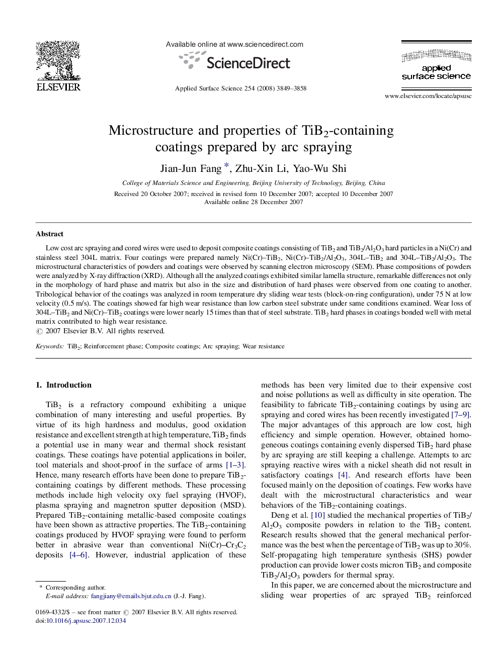 Microstructure and properties of TiB2-containing coatings prepared by arc spraying