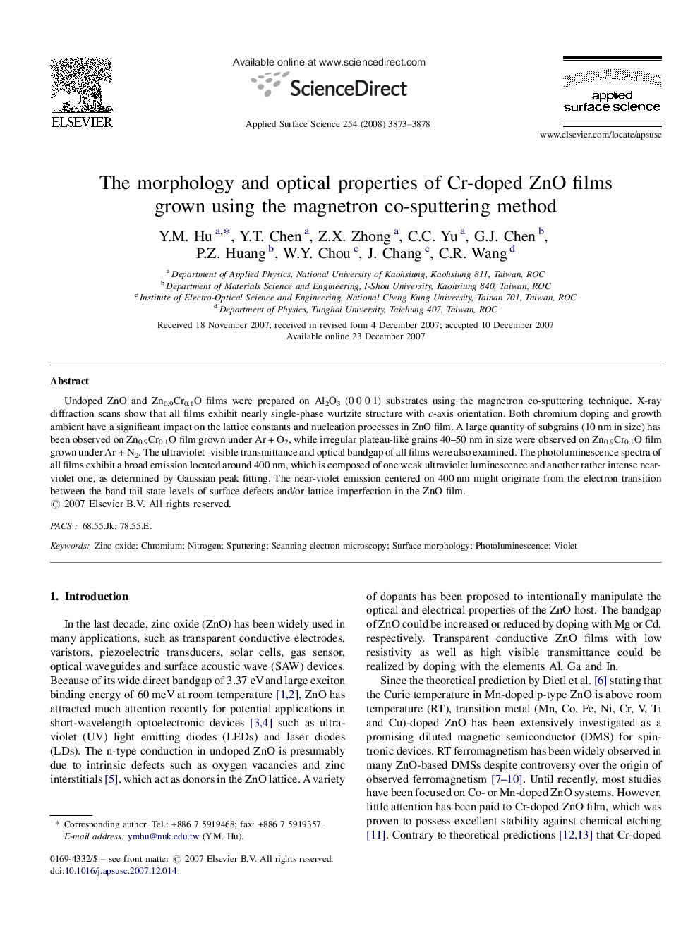 The morphology and optical properties of Cr-doped ZnO films grown using the magnetron co-sputtering method