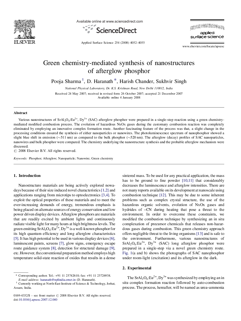 Green chemistry-mediated synthesis of nanostructures of afterglow phosphor