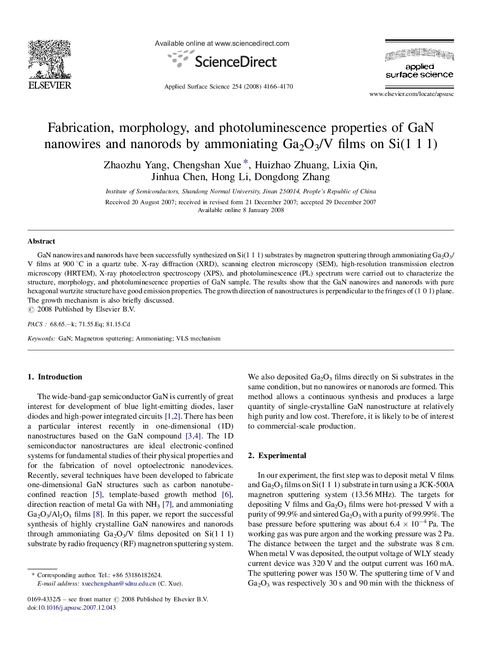 Fabrication, morphology, and photoluminescence properties of GaN nanowires and nanorods by ammoniating Ga2O3/V films on Si(1 1 1)