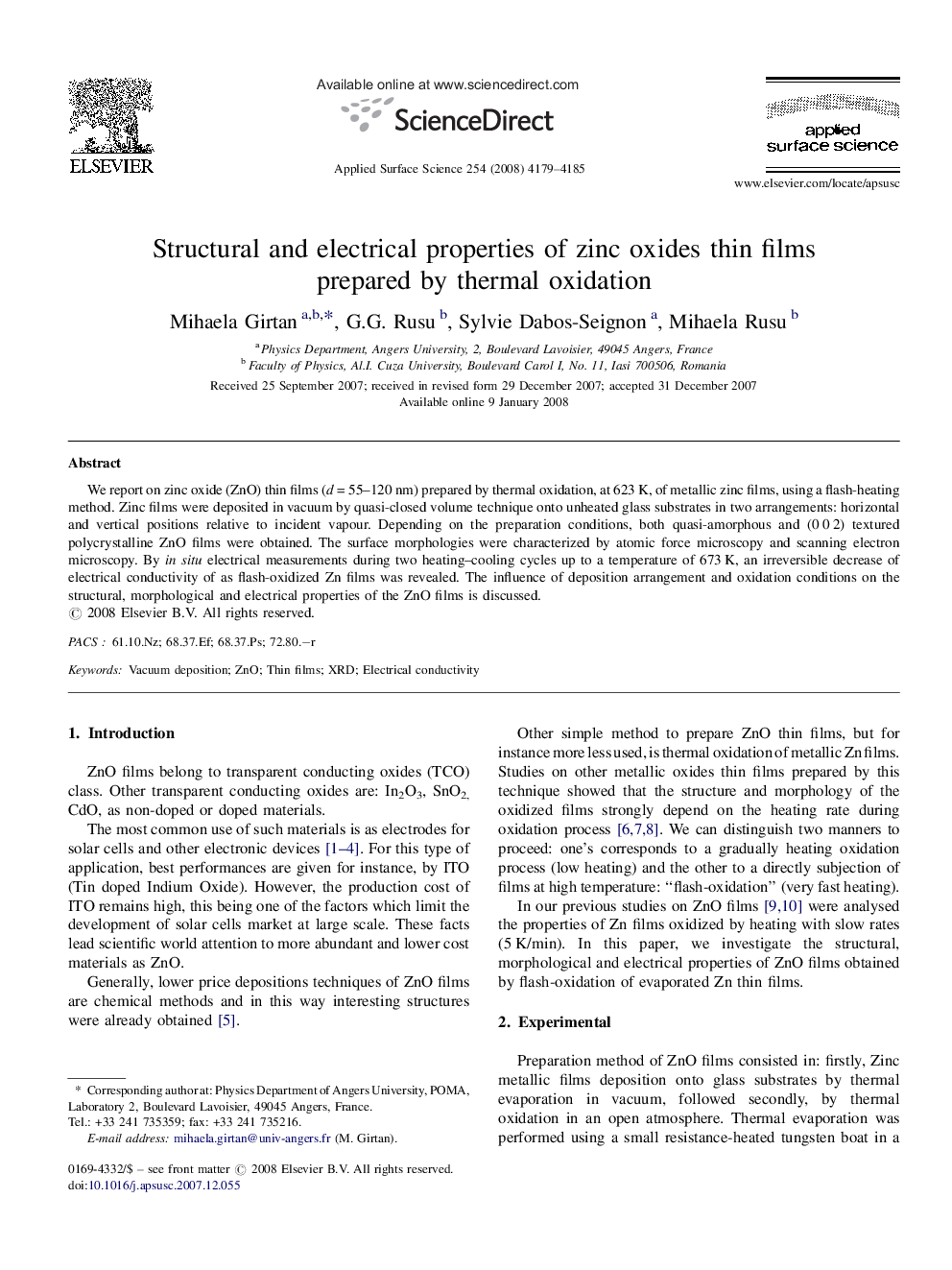 Structural and electrical properties of zinc oxides thin films prepared by thermal oxidation