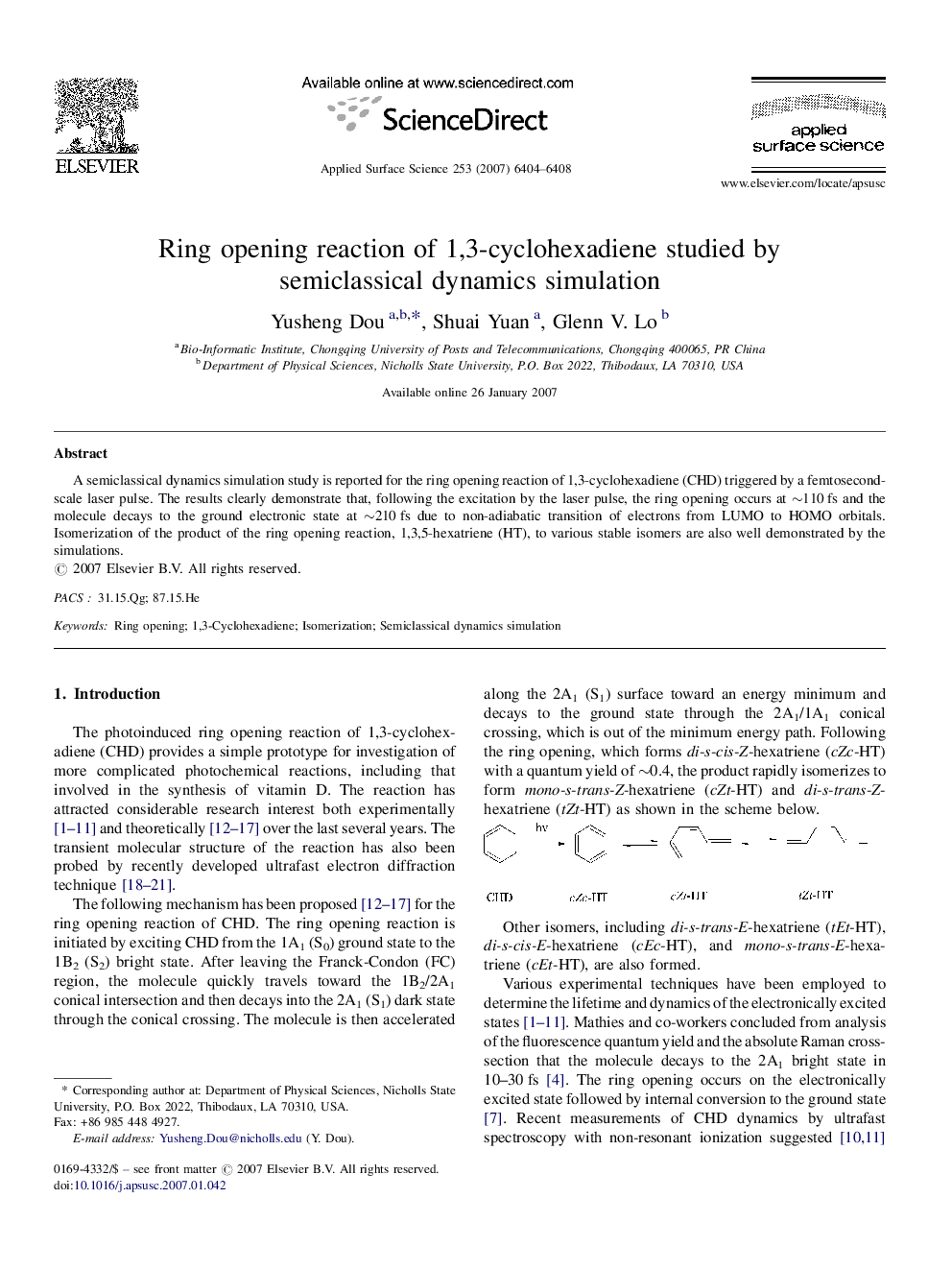 Ring opening reaction of 1,3-cyclohexadiene studied by semiclassical dynamics simulation