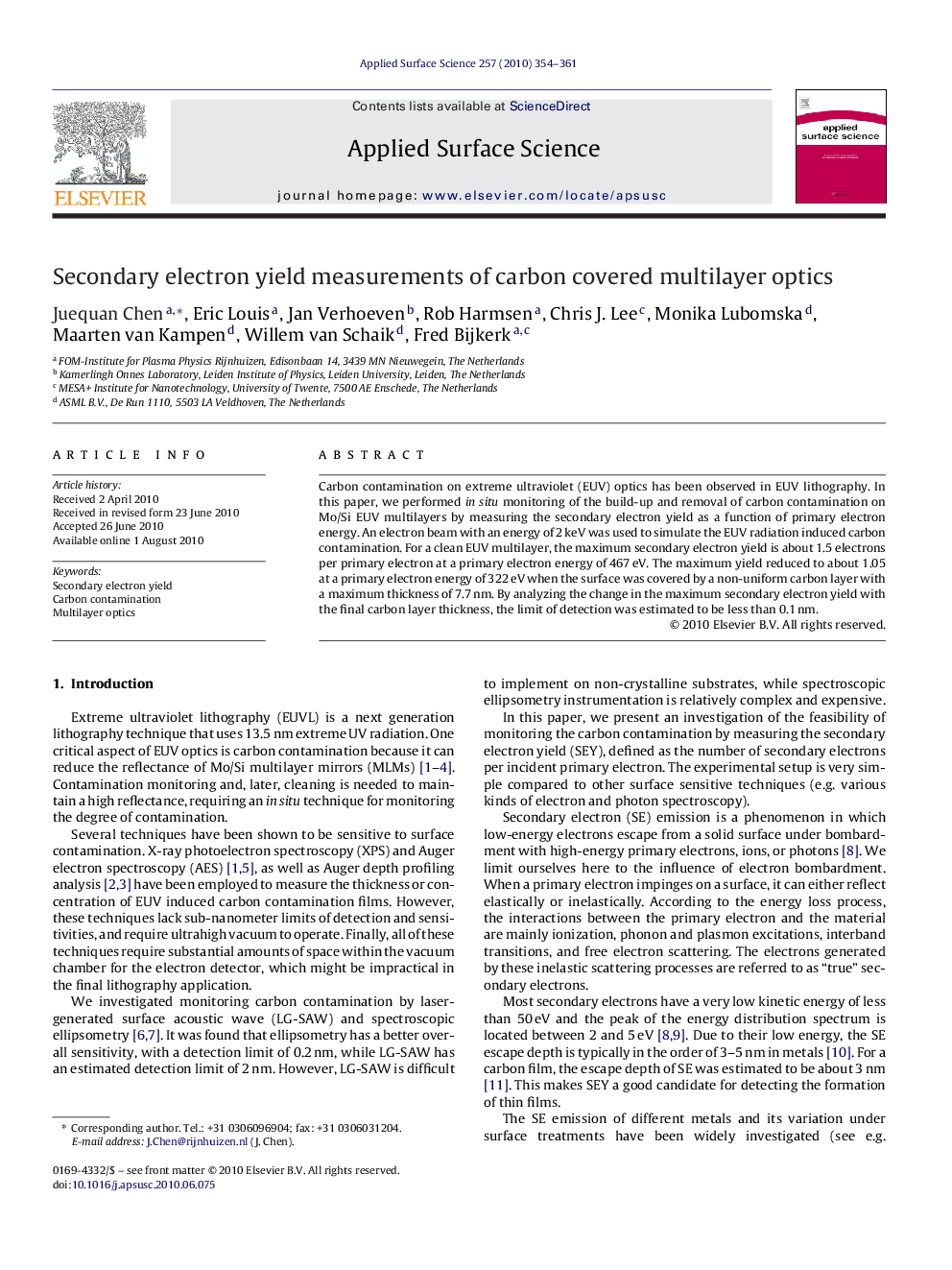 Secondary electron yield measurements of carbon covered multilayer optics