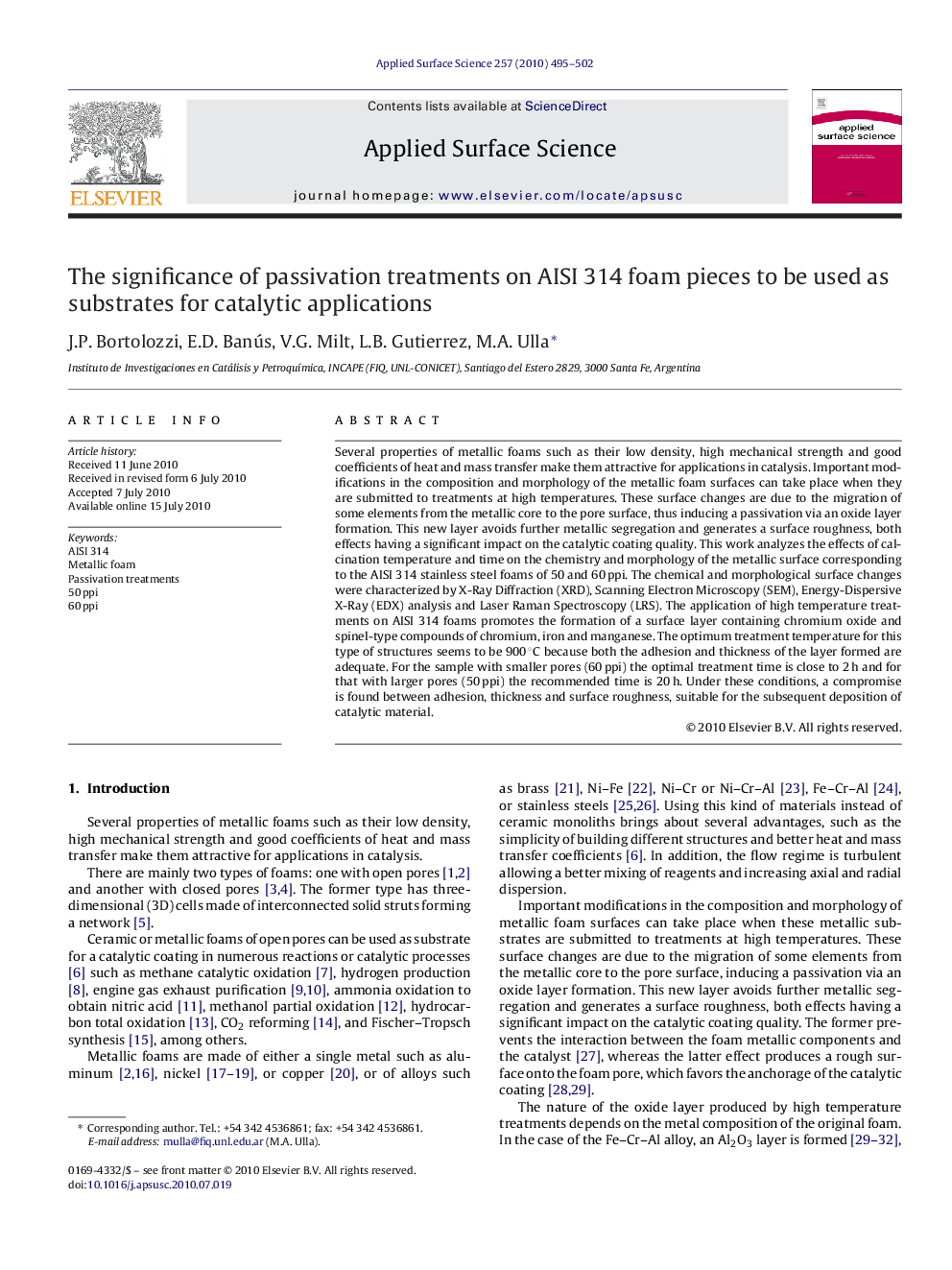 The significance of passivation treatments on AISI 314 foam pieces to be used as substrates for catalytic applications