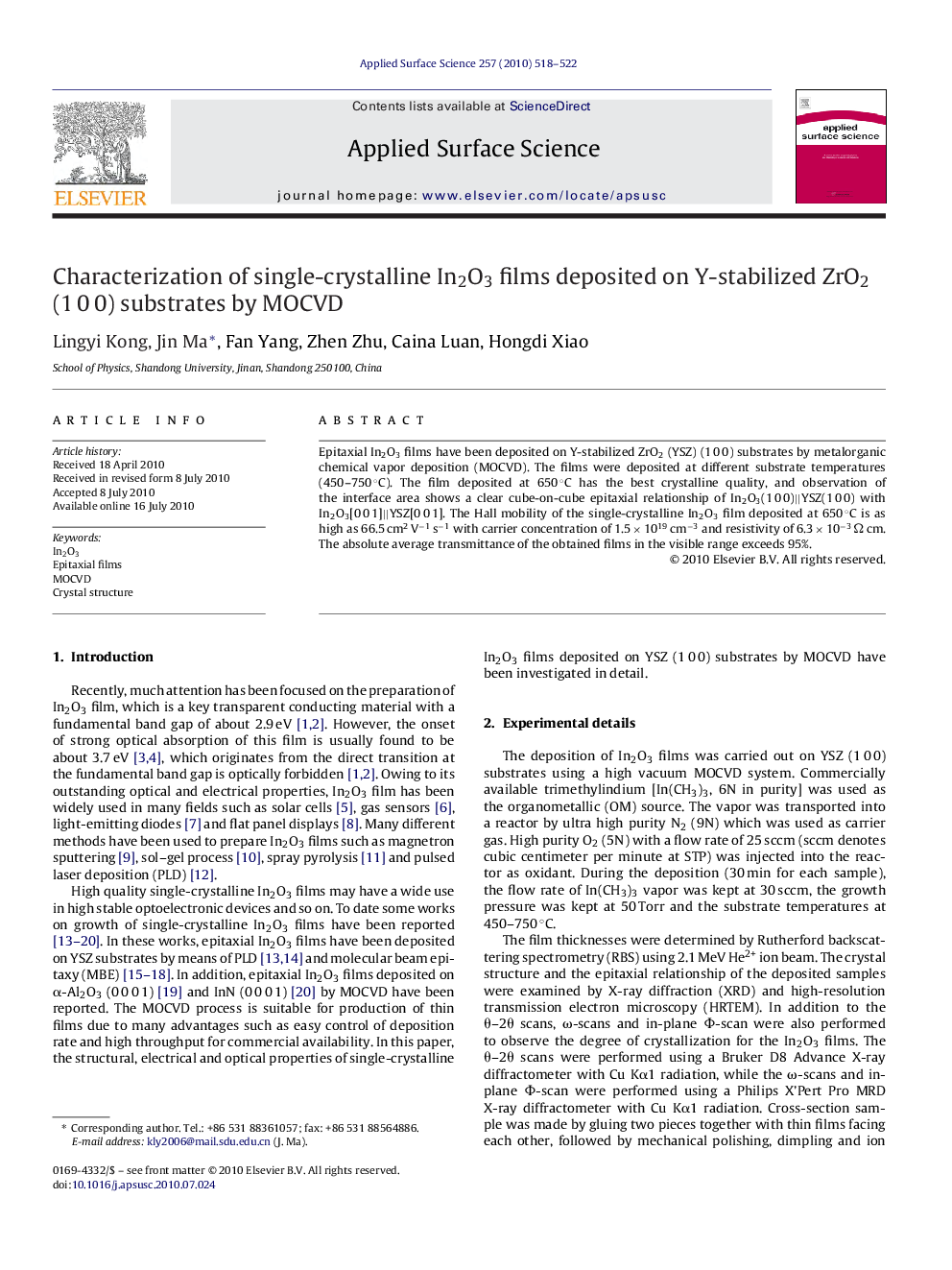 Characterization of single-crystalline In2O3 films deposited on Y-stabilized ZrO2 (1 0 0) substrates by MOCVD