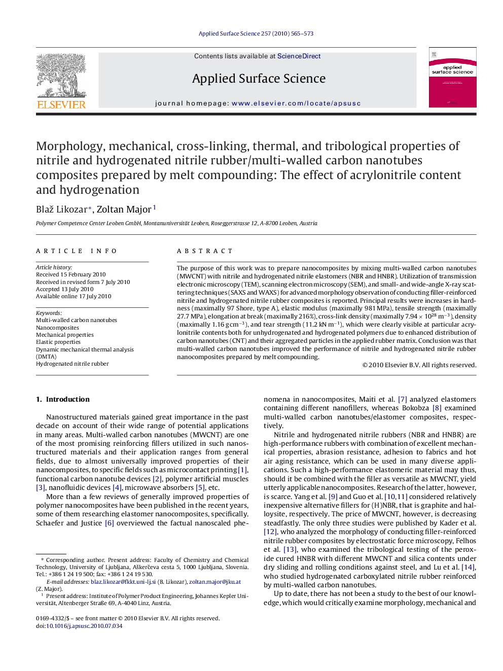 Morphology, mechanical, cross-linking, thermal, and tribological properties of nitrile and hydrogenated nitrile rubber/multi-walled carbon nanotubes composites prepared by melt compounding: The effect of acrylonitrile content and hydrogenation