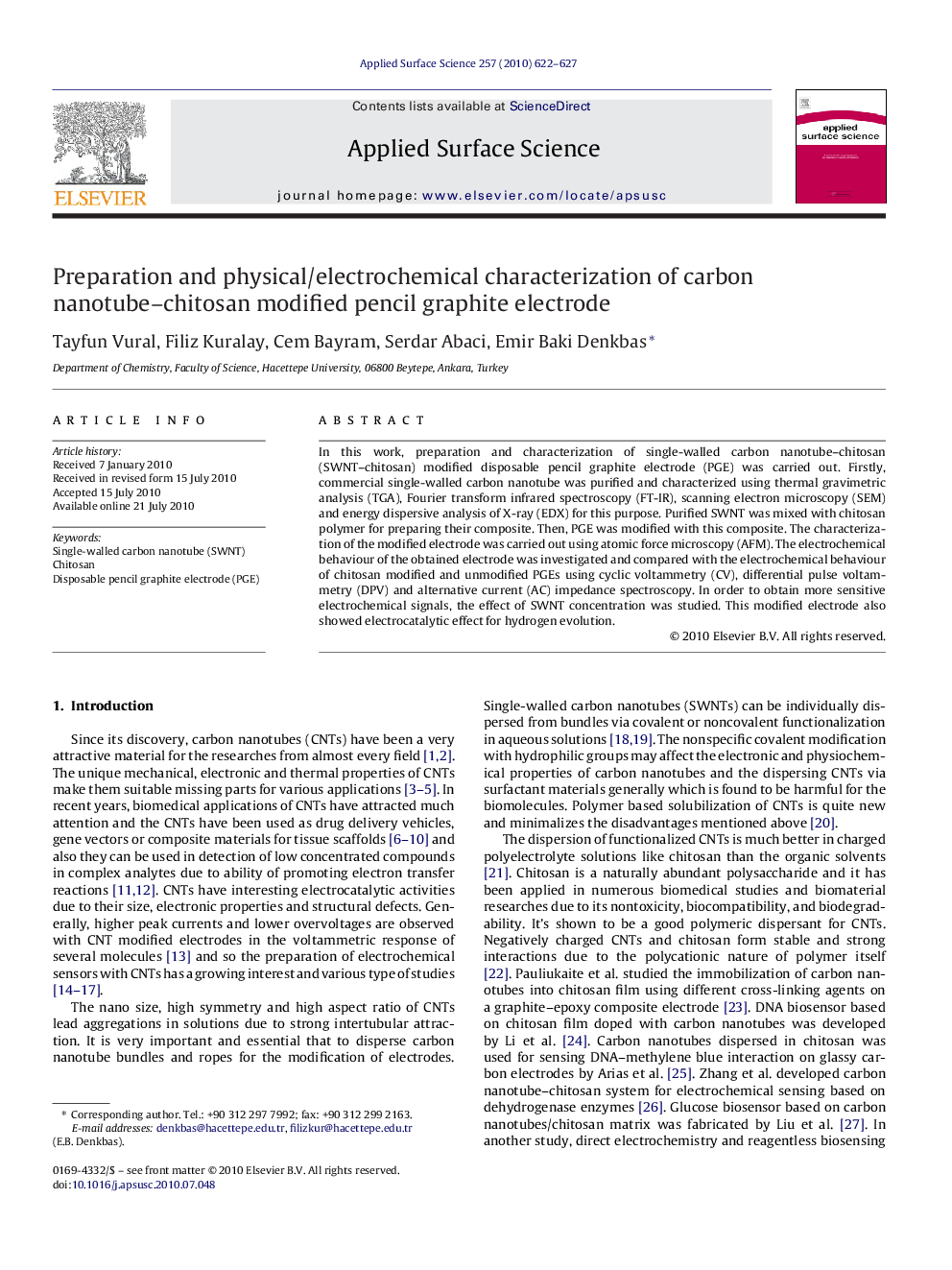 عکس صفحه اول مقاله: Preparation and physical/electrochemical characterization of carbon nanotube-chitosan modified pencil graphite electrode Preparation and physical/electrochemical characterization of carbon nanotube-chitosan modified pencil graphite electrode