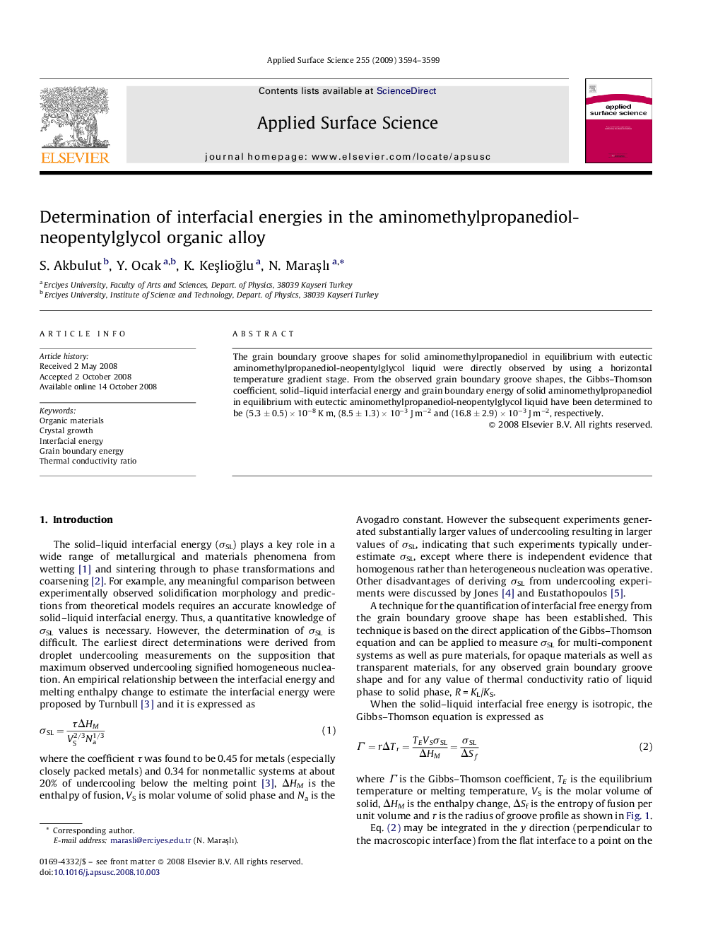 Determination of interfacial energies in the aminomethylpropanediol-neopentylglycol organic alloy