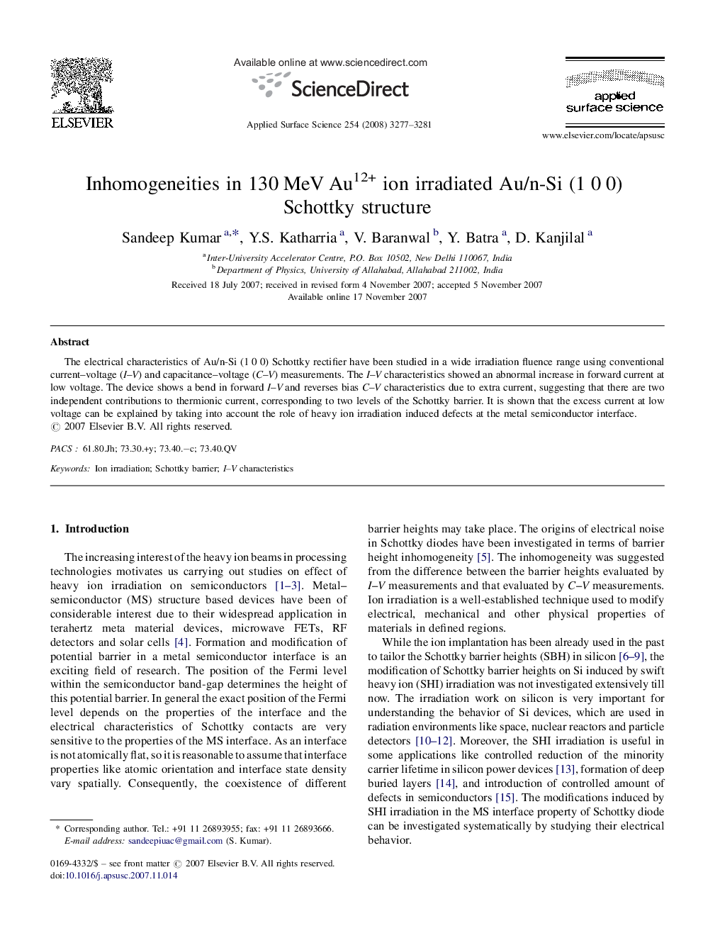 Inhomogeneities in 130Â MeV Au12+ ion irradiated Au/n-Si (1Â 0Â 0) Schottky structure