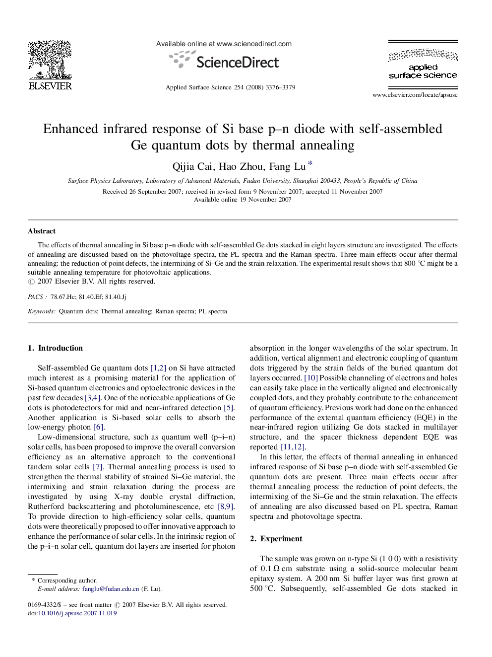 Enhanced infrared response of Si base p-n diode with self-assembled Ge quantum dots by thermal annealing