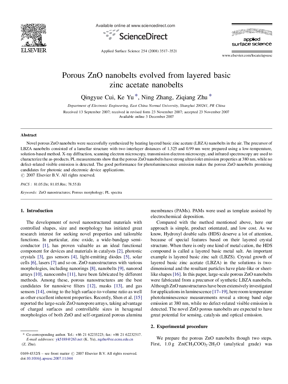 Porous ZnO nanobelts evolved from layered basic zinc acetate nanobelts