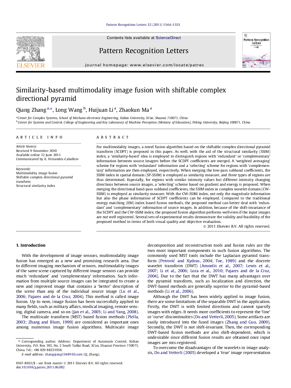 Similarity-based multimodality image fusion with shiftable complex directional pyramid