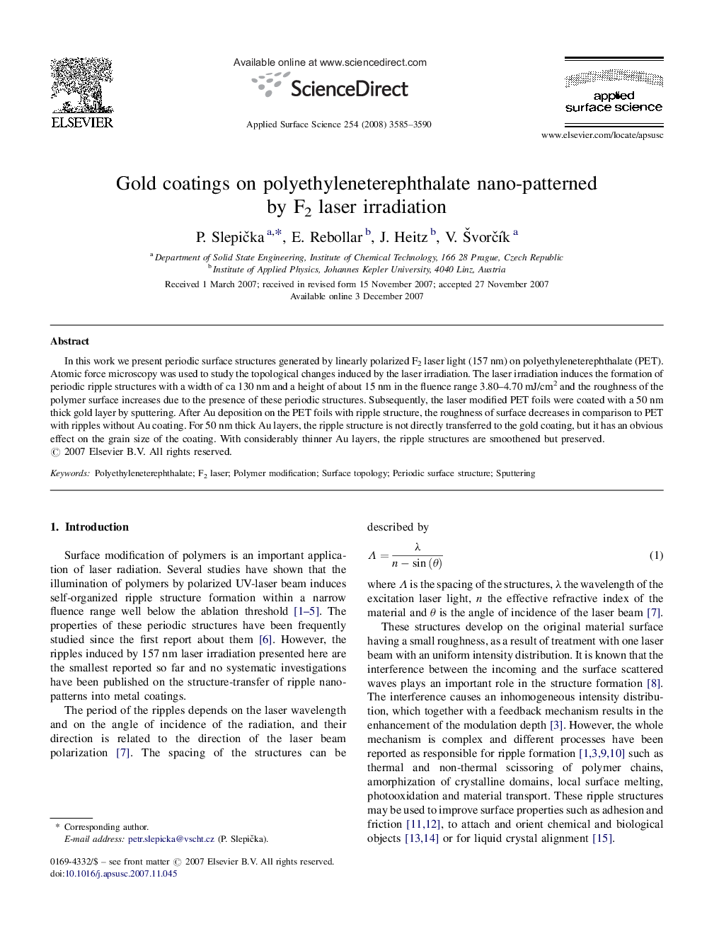 Gold coatings on polyethyleneterephthalate nano-patterned by F2 laser irradiation