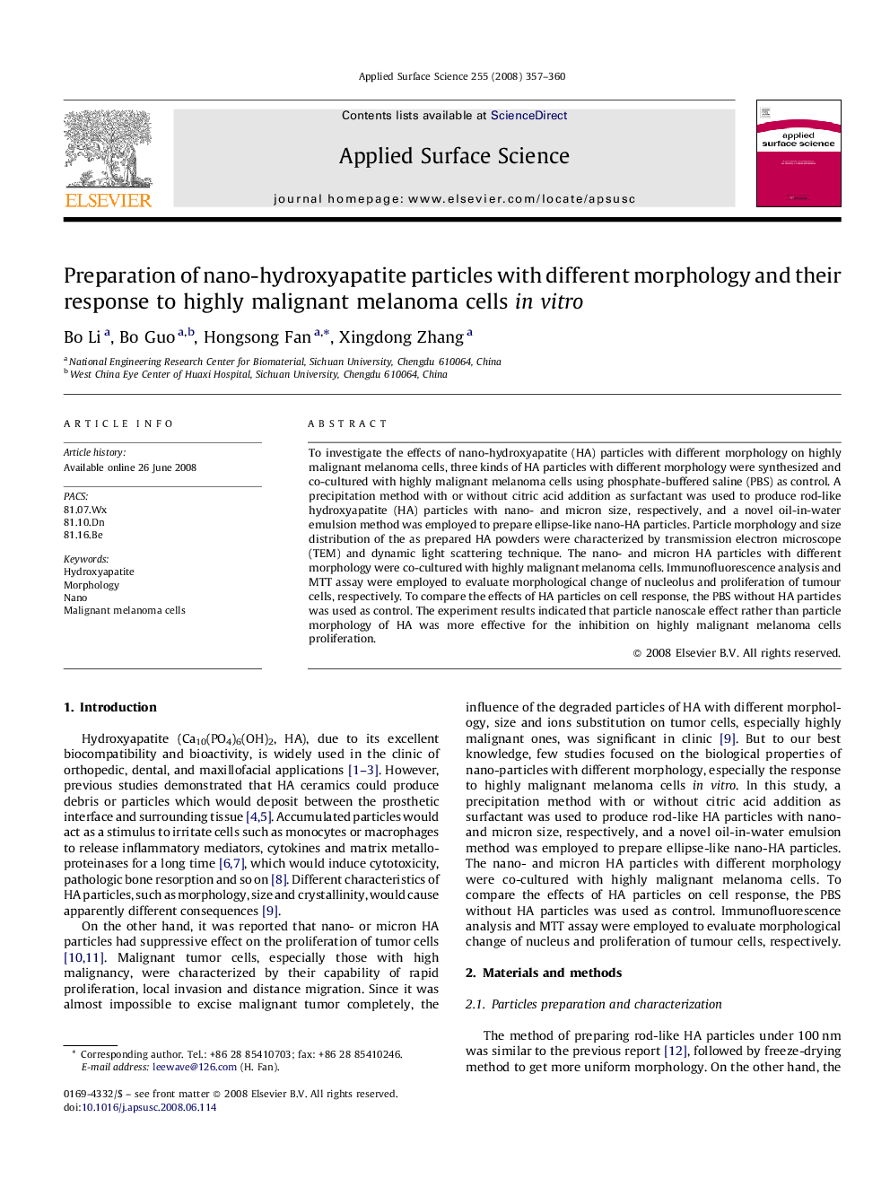 Preparation of nano-hydroxyapatite particles with different morphology and their response to highly malignant melanoma cells in vitro