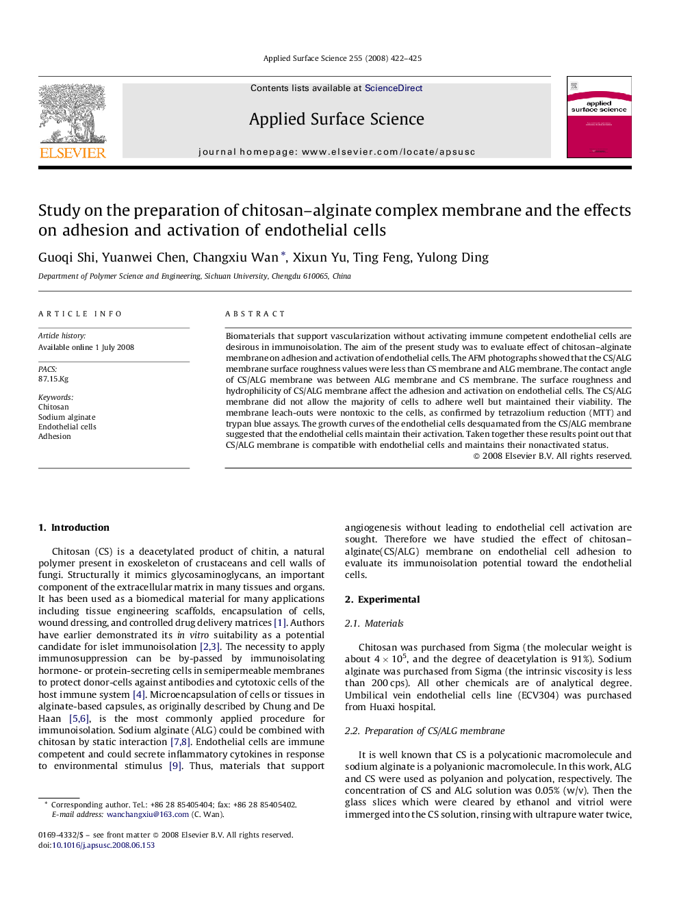 Study on the preparation of chitosan-alginate complex membrane and the effects on adhesion and activation of endothelial cells