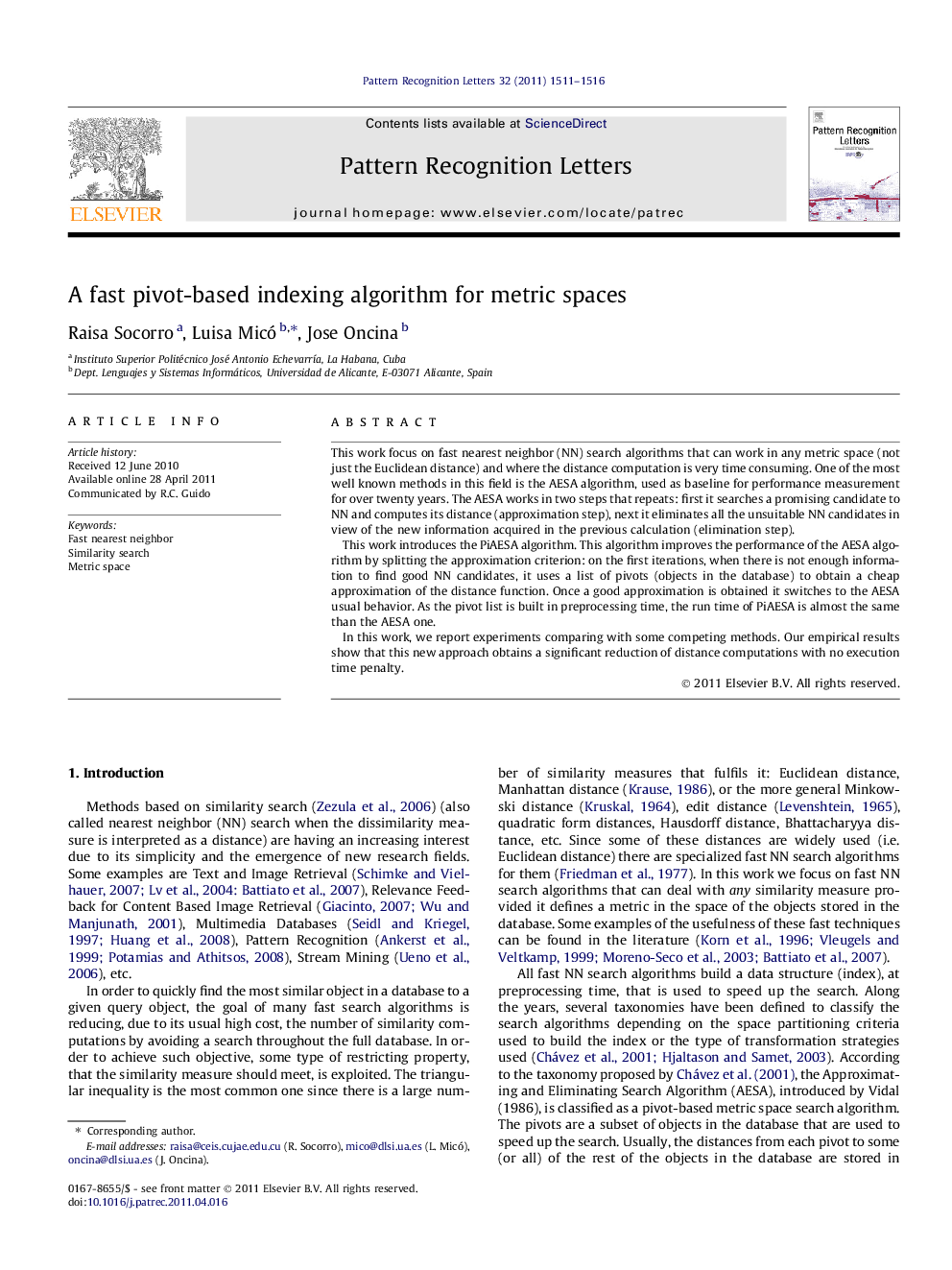 عکس صفحه اول مقاله: A fast pivot-based indexing algorithm for metric spaces A fast pivot-based indexing algorithm for metric spaces