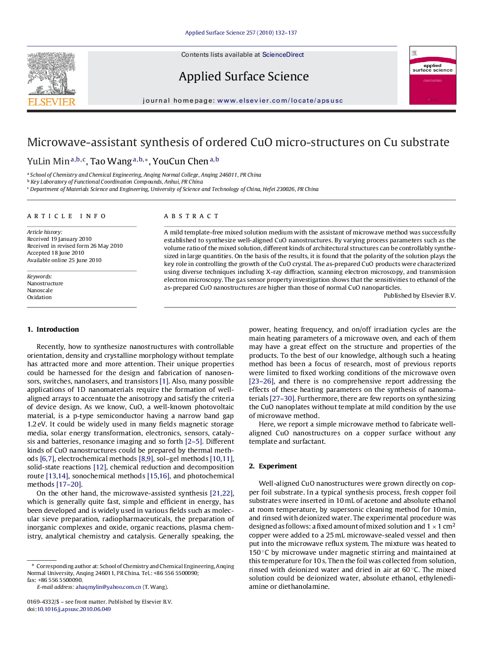 Microwave-assistant synthesis of ordered CuO micro-structures on Cu substrate