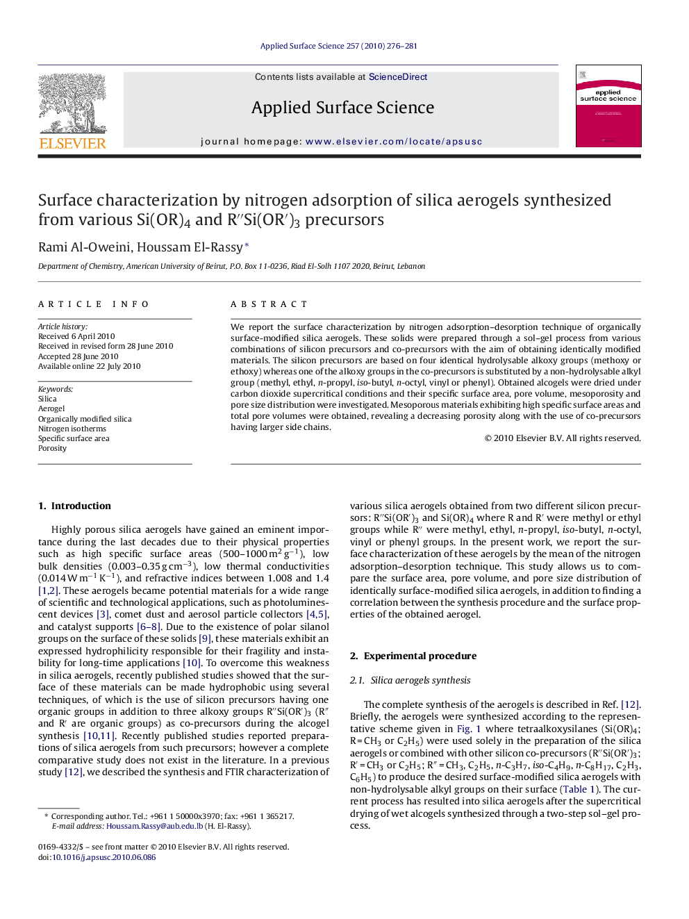 Surface characterization by nitrogen adsorption of silica aerogels synthesized from various Si(OR)4 and Râ³Si(ORâ²)3 precursors