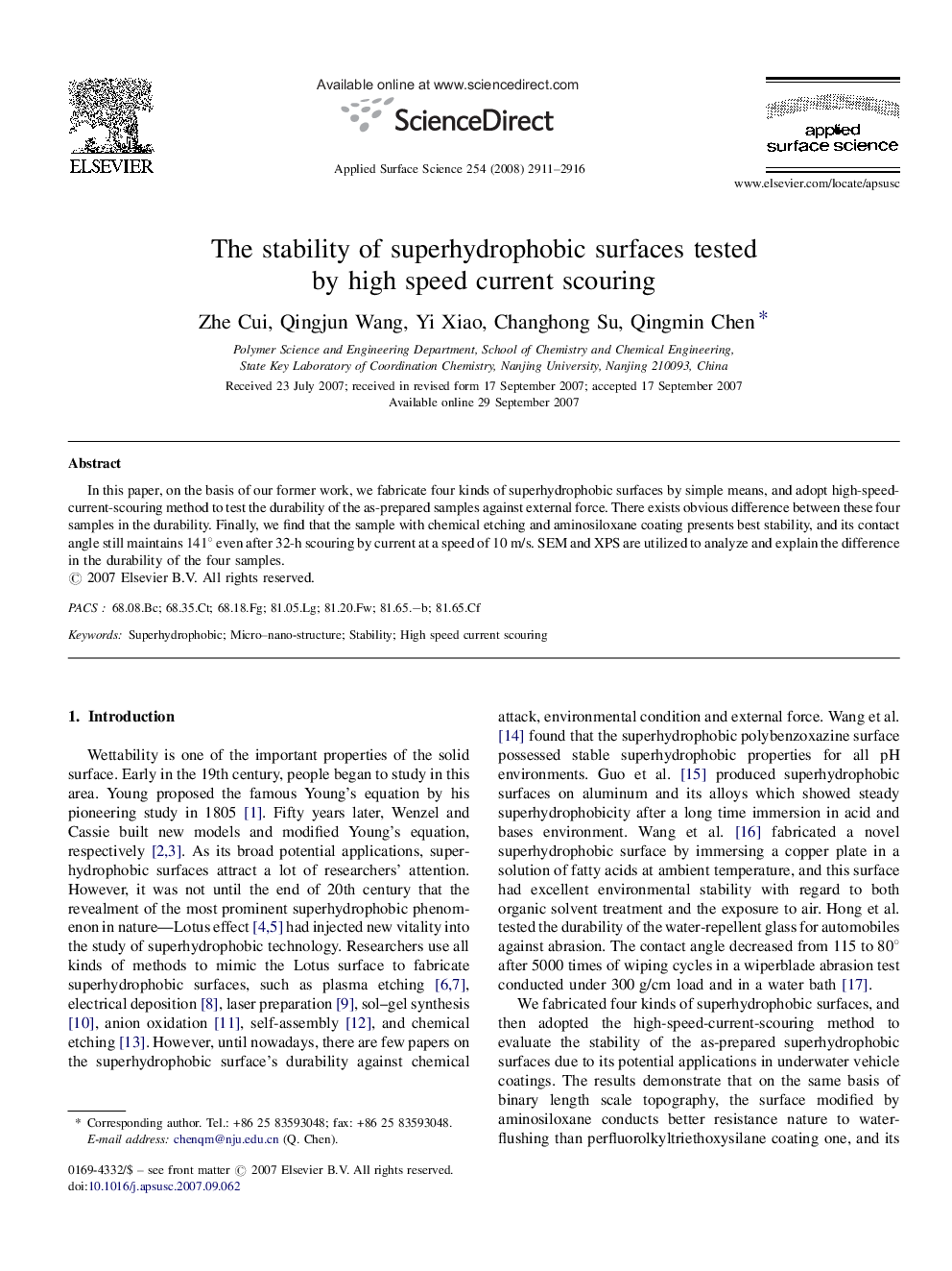 The stability of superhydrophobic surfaces tested by high speed current scouring