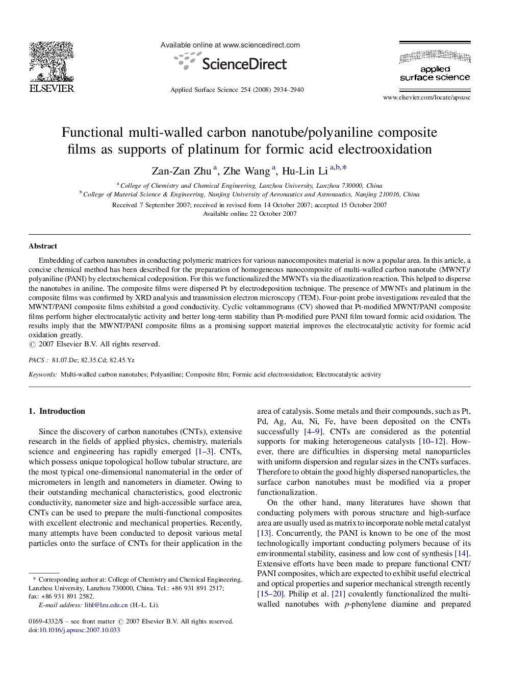 Functional multi-walled carbon nanotube/polyaniline composite films as supports of platinum for formic acid electrooxidation