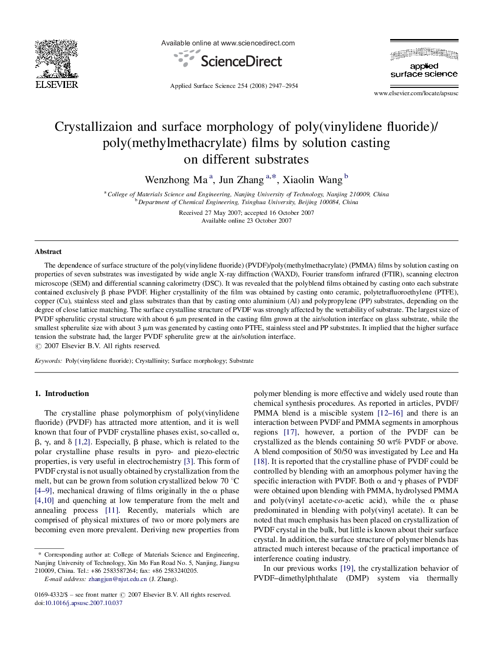 Crystallizaion and surface morphology of poly(vinylidene fluoride)/poly(methylmethacrylate) films by solution casting on different substrates