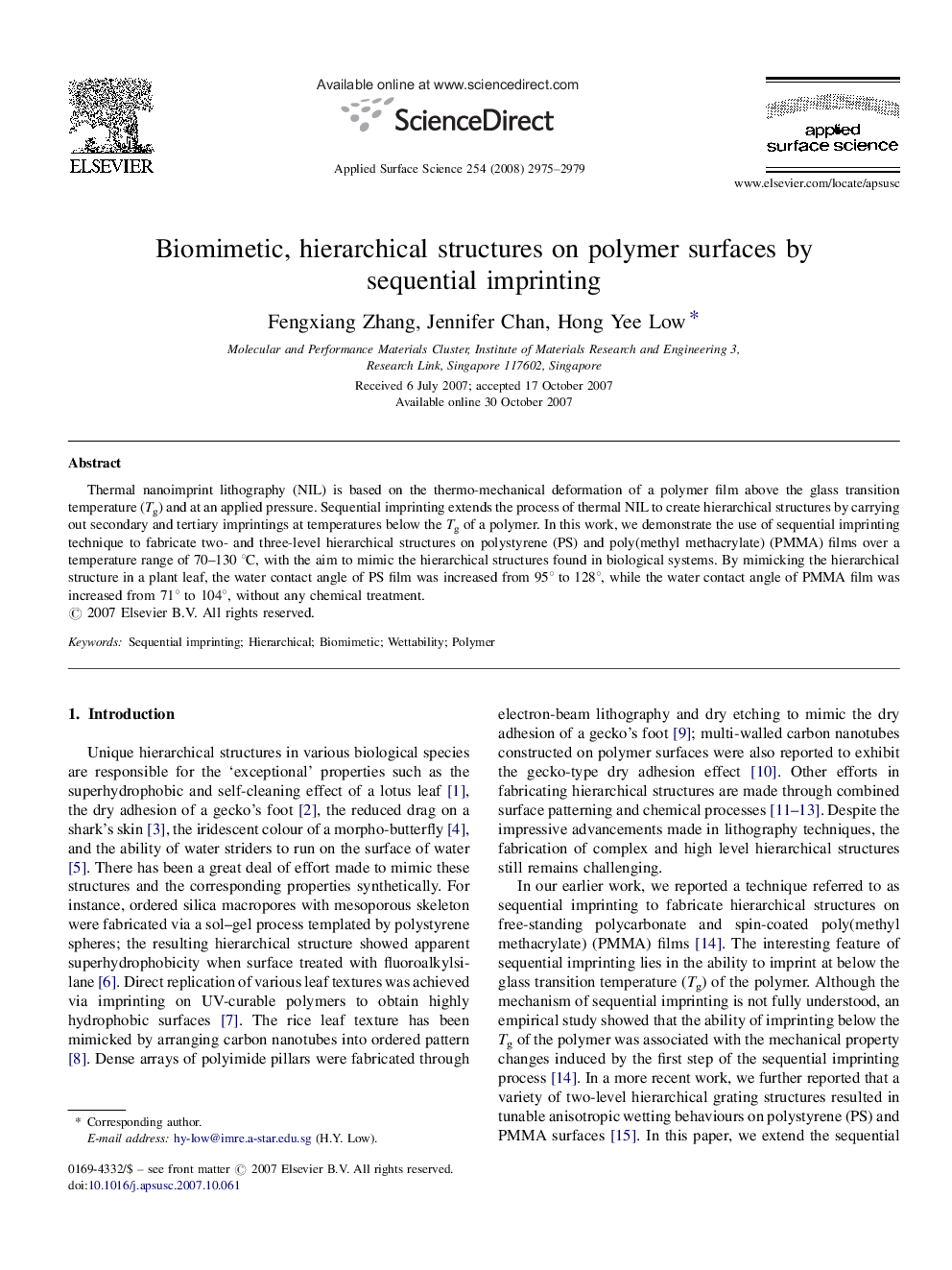 Biomimetic, hierarchical structures on polymer surfaces by sequential imprinting