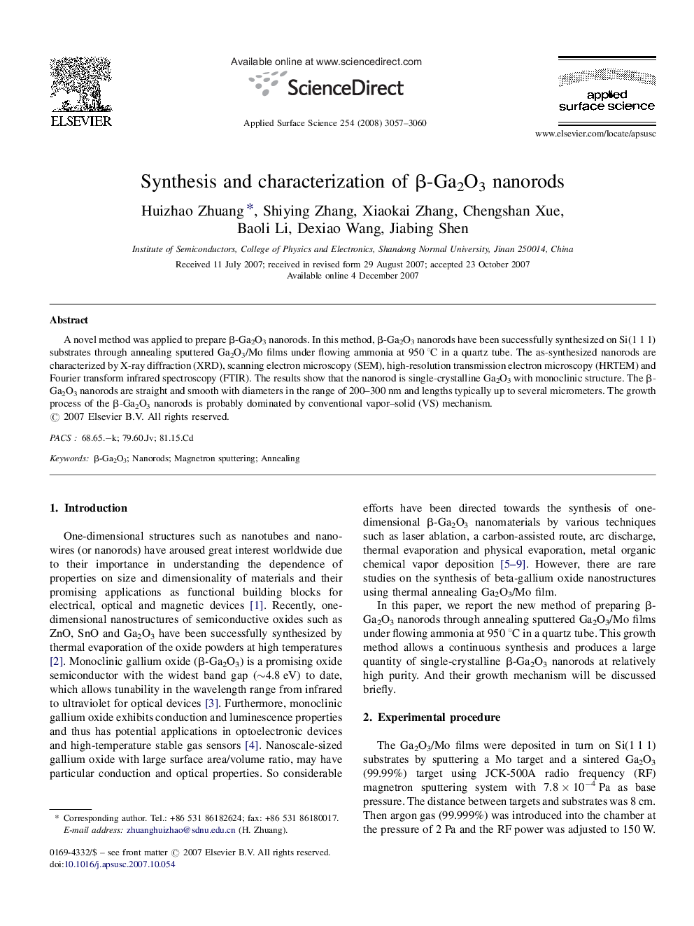 Synthesis and characterization of Î²-Ga2O3 nanorods