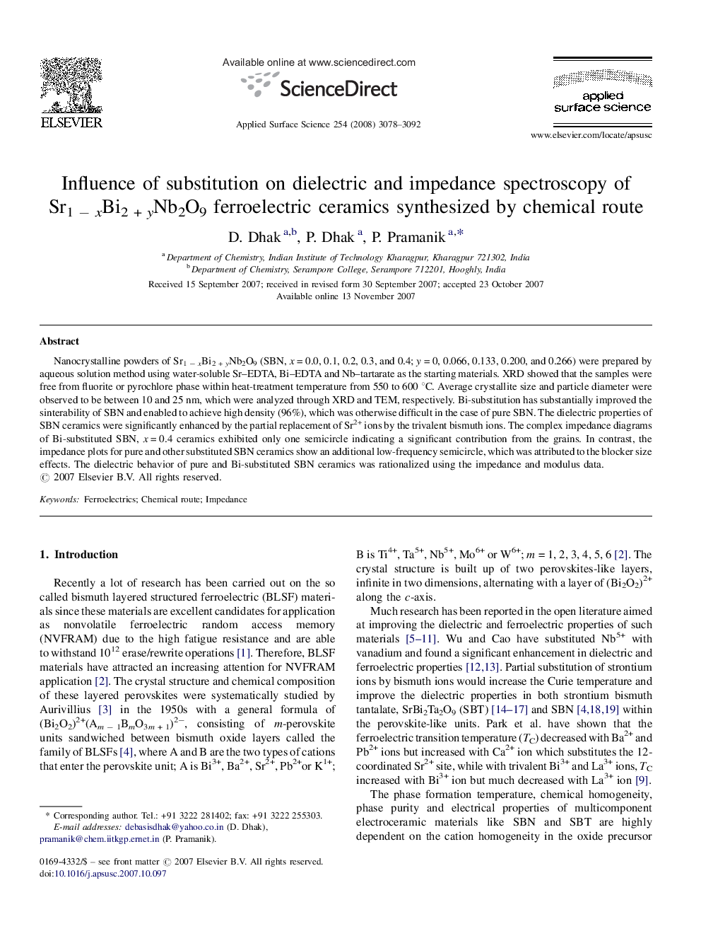 Influence of substitution on dielectric and impedance spectroscopy of Sr1 â xBi2 + yNb2O9 ferroelectric ceramics synthesized by chemical route