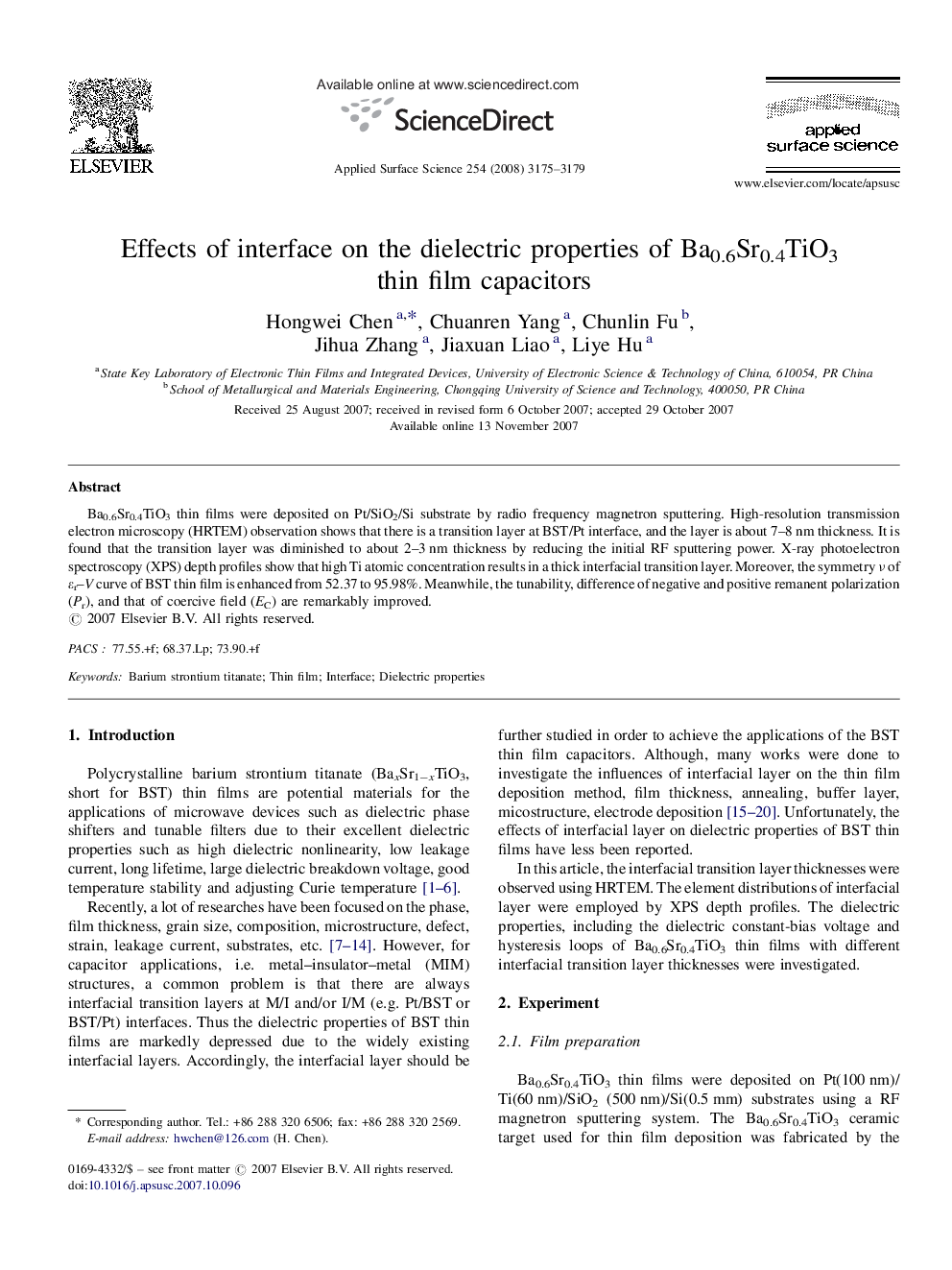 Effects of interface on the dielectric properties of Ba0.6Sr0.4TiO3 thin film capacitors