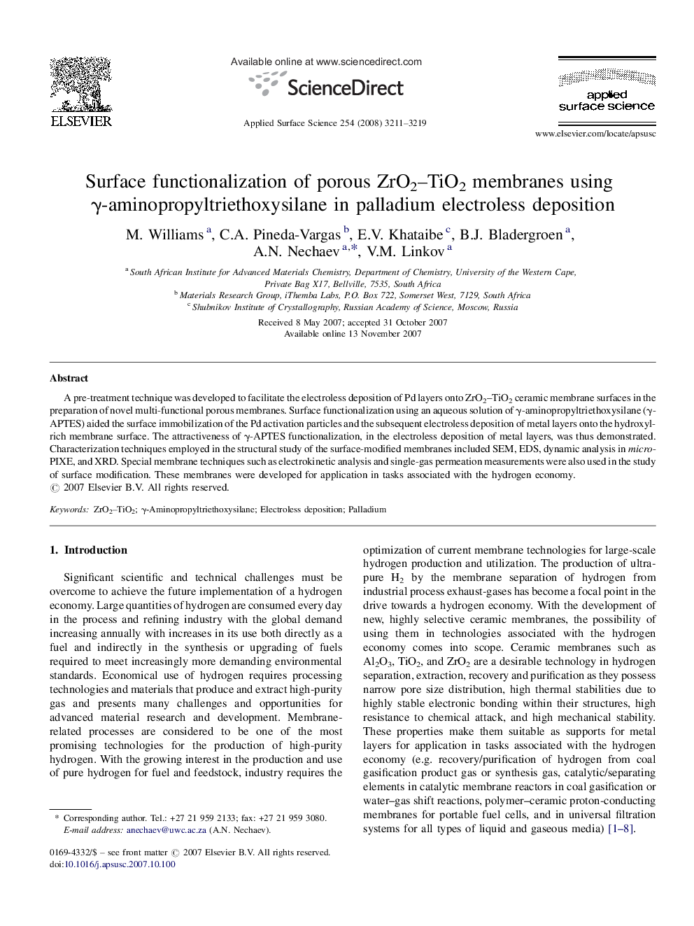 Surface functionalization of porous ZrO2-TiO2 membranes using Î³-aminopropyltriethoxysilane in palladium electroless deposition