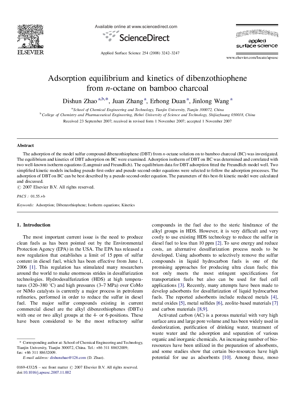 Adsorption equilibrium and kinetics of dibenzothiophene from n-octane on bamboo charcoal
