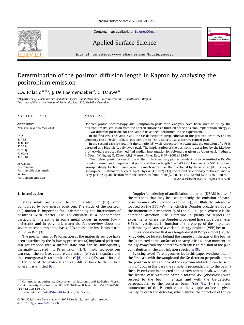 Determination of the positron diffusion length in Kapton by analysing the positronium emission