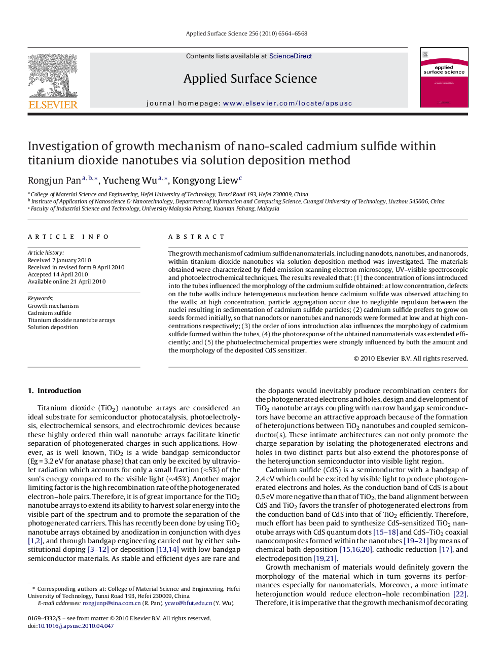 Investigation of growth mechanism of nano-scaled cadmium sulfide within titanium dioxide nanotubes via solution deposition method