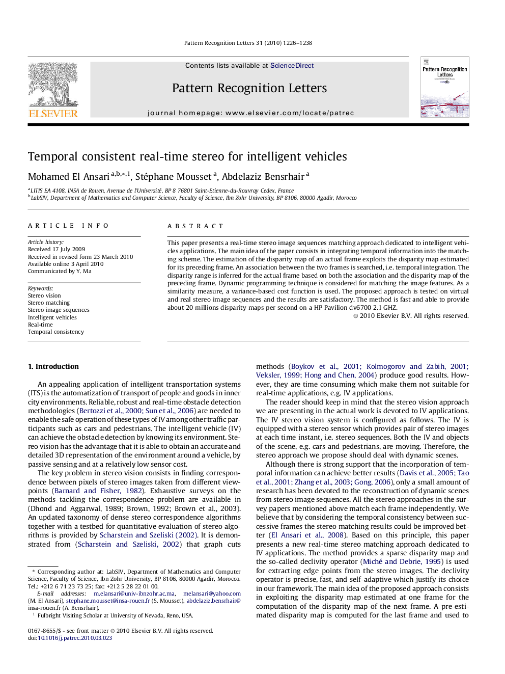 Temporal consistent real-time stereo for intelligent vehicles