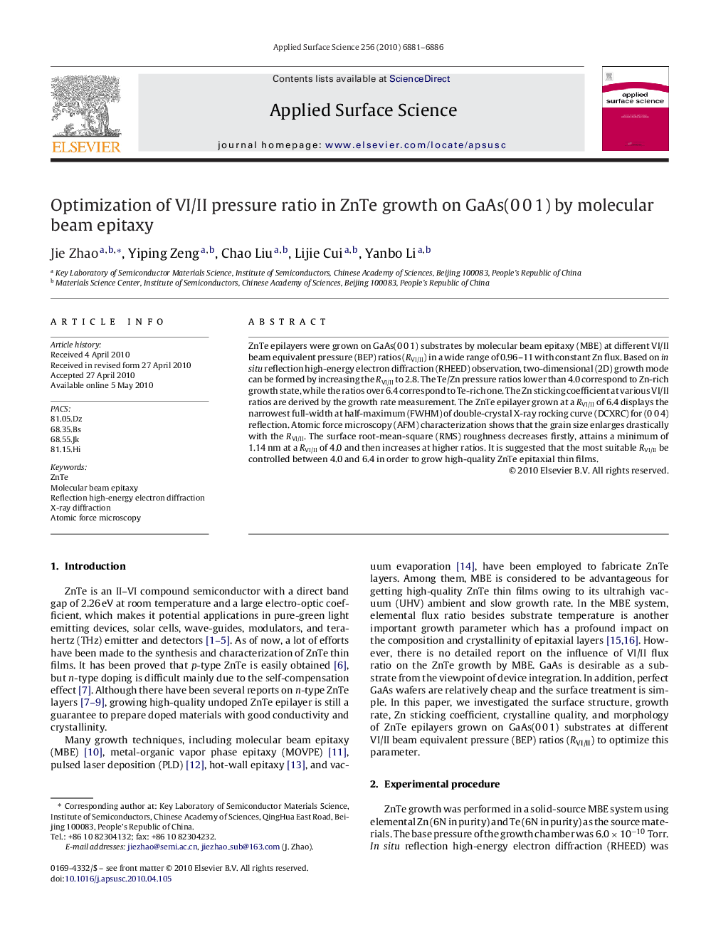 Optimization of VI/II pressure ratio in ZnTe growth on GaAs(0 0 1) by molecular beam epitaxy