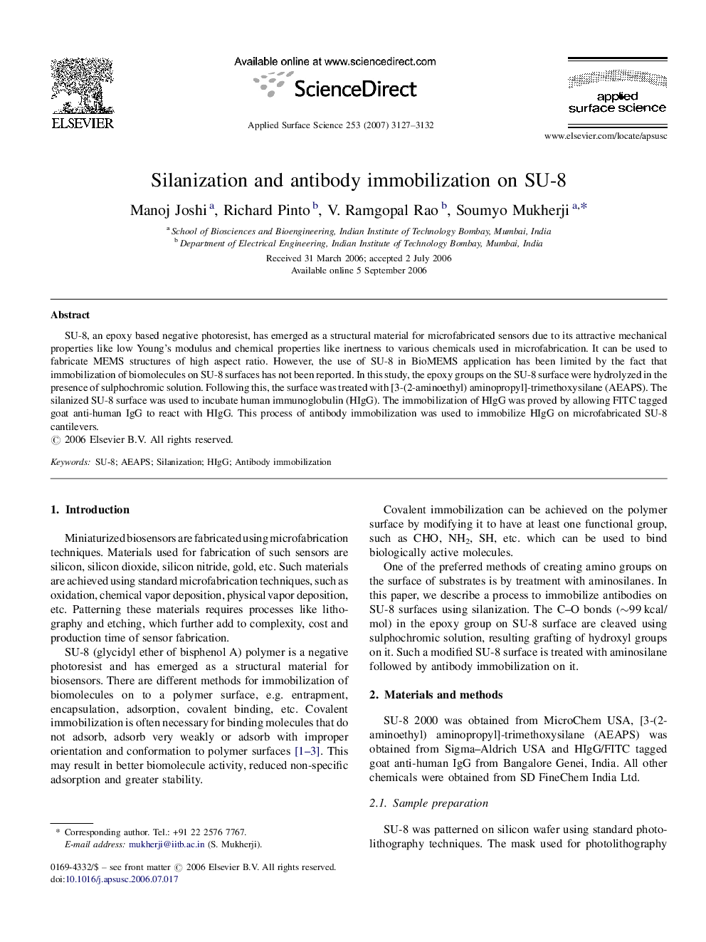 Silanization and antibody immobilization on SU-8