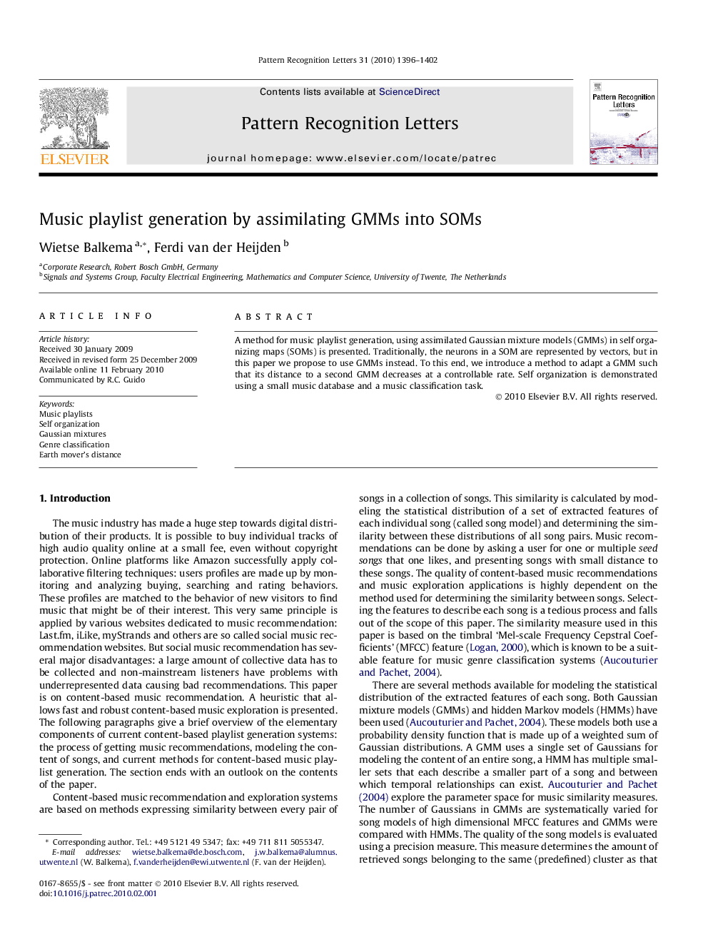 Music playlist generation by assimilating GMMs into SOMs