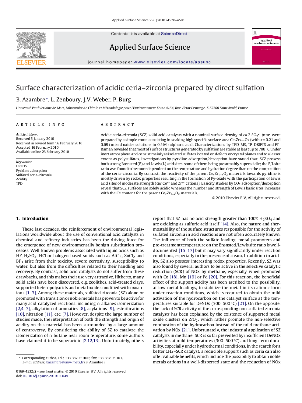 Surface characterization of acidic ceria-zirconia prepared by direct sulfation