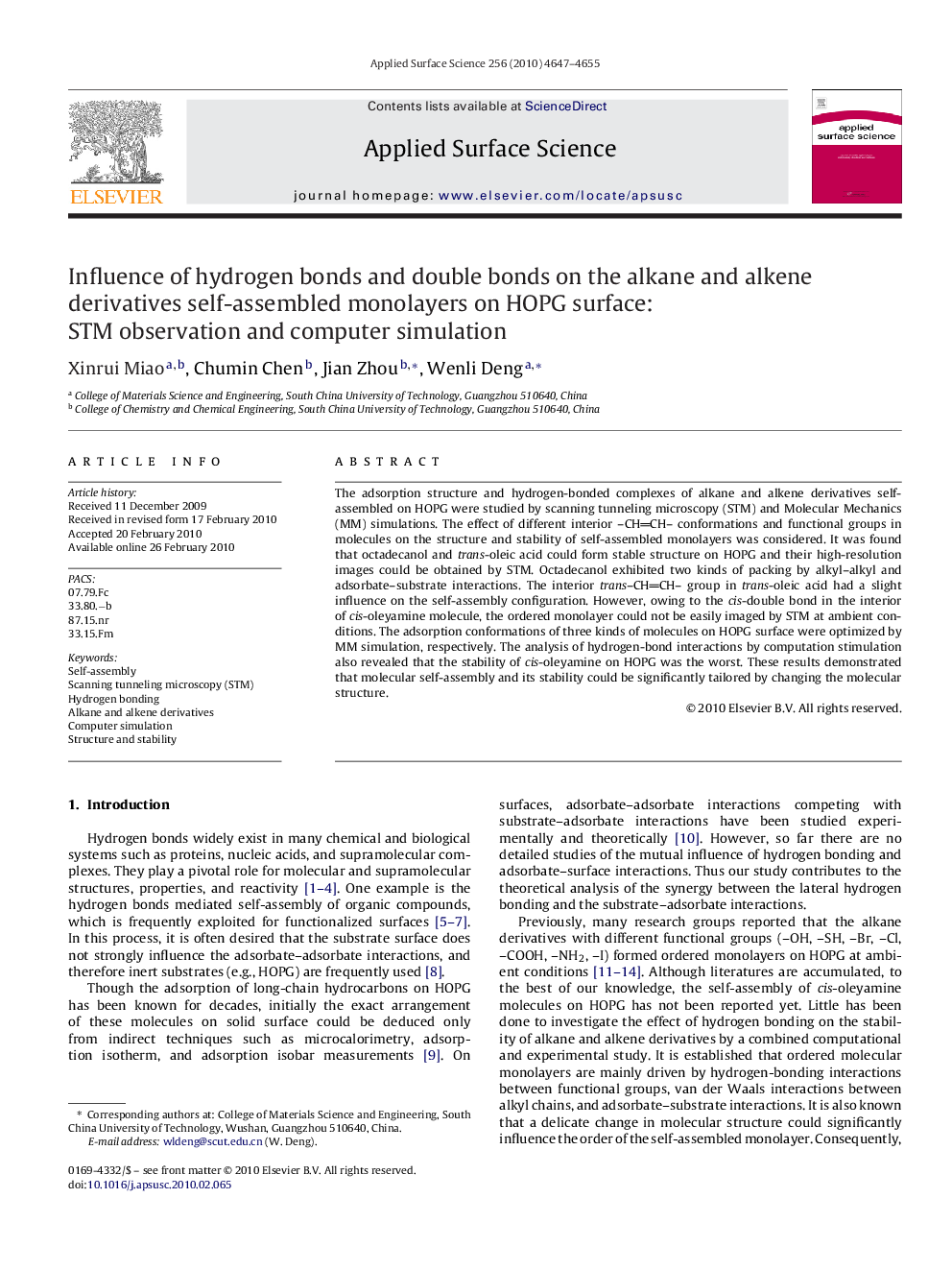 Influence of hydrogen bonds and double bonds on the alkane and alkene derivatives self-assembled monolayers on HOPG surface: STM observation and computer simulation