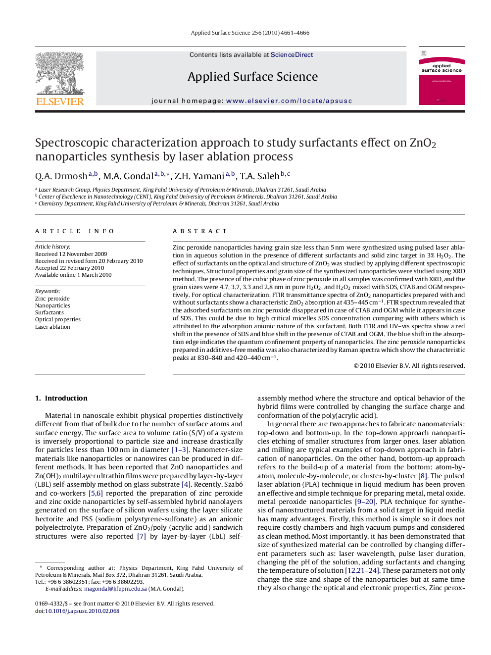 Spectroscopic characterization approach to study surfactants effect on ZnO2 nanoparticles synthesis by laser ablation process