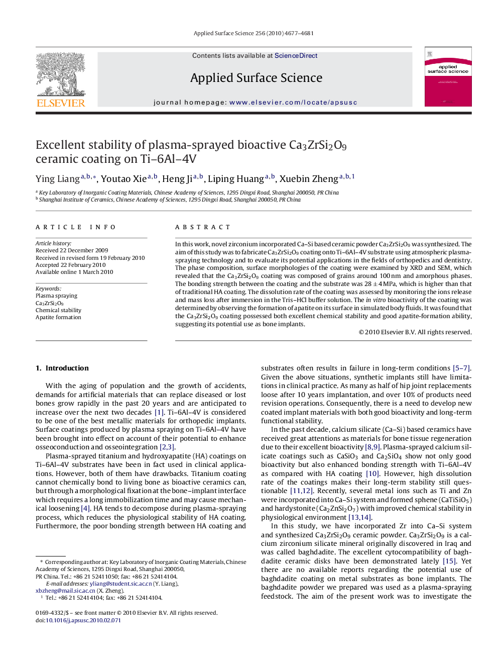 Excellent stability of plasma-sprayed bioactive Ca3ZrSi2O9 ceramic coating on Ti-6Al-4V