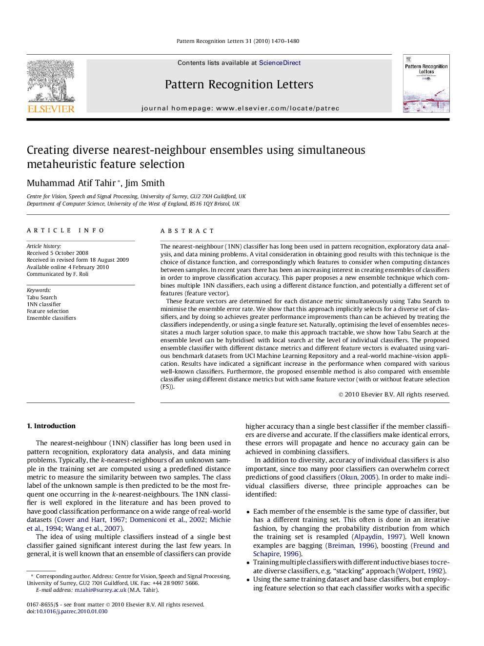 Creating diverse nearest-neighbour ensembles using simultaneous metaheuristic feature selection