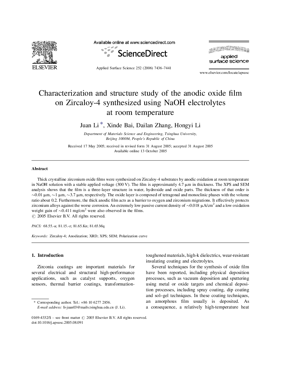 Characterization and structure study of the anodic oxide film on Zircaloy-4 synthesized using NaOH electrolytes at room temperature