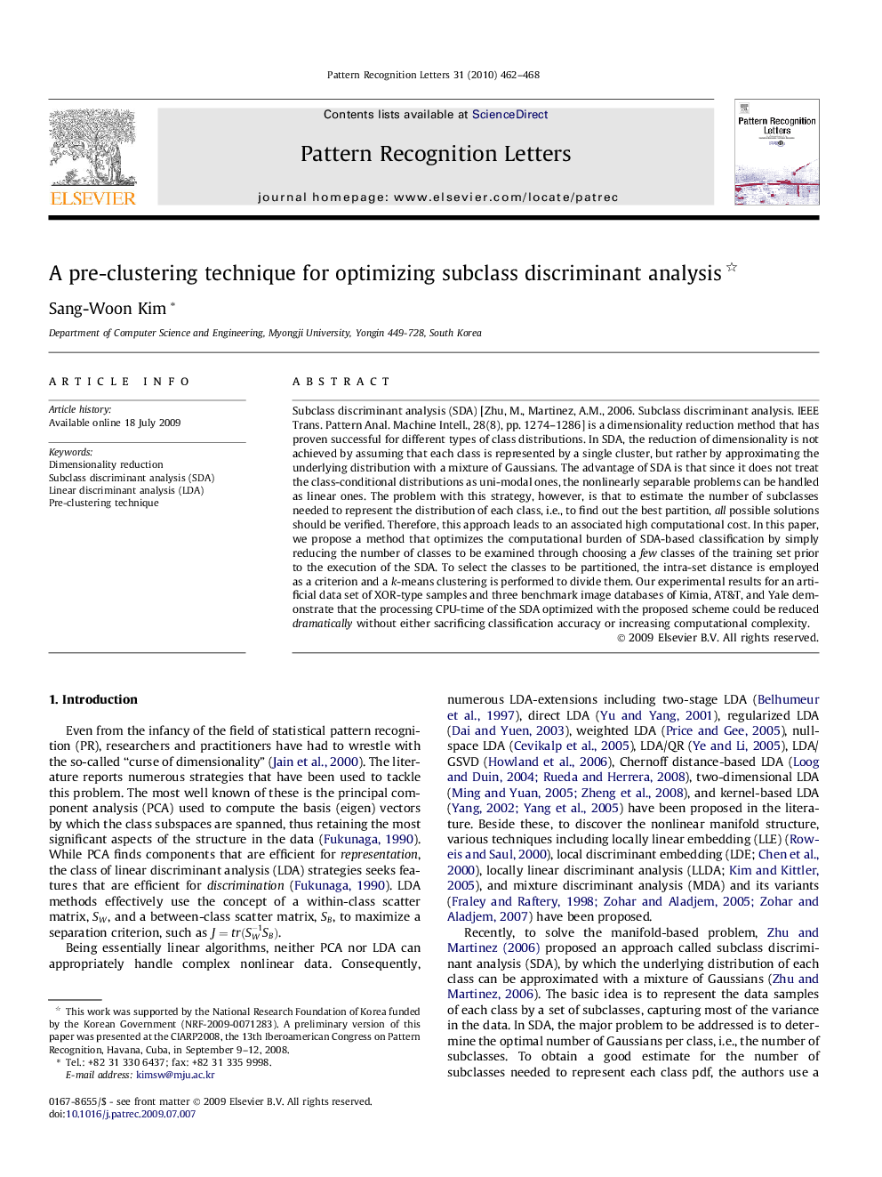 A pre-clustering technique for optimizing subclass discriminant analysis 